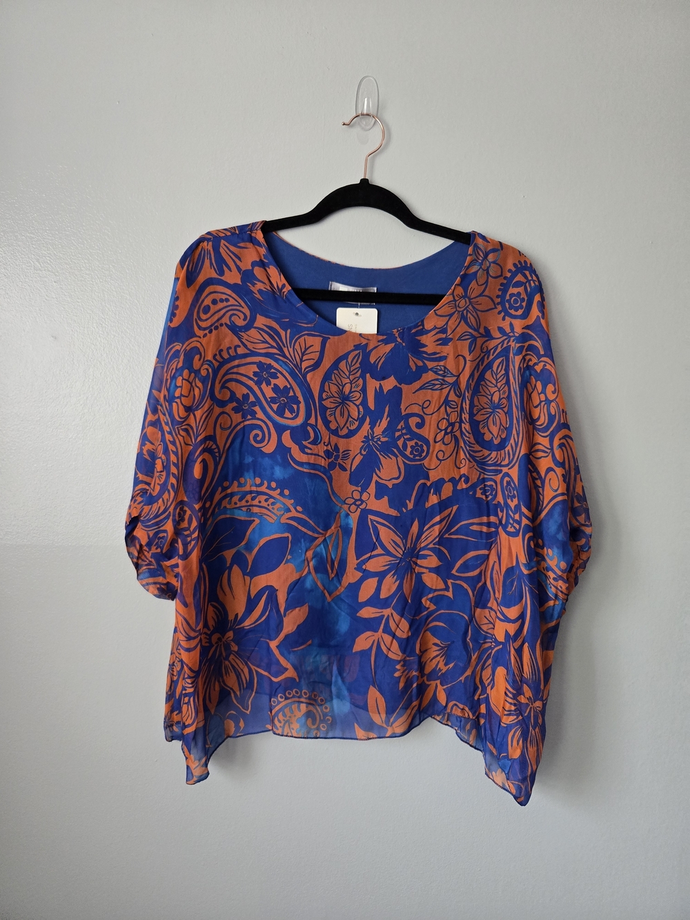 NWT Tina Stephens Italy 100% Silk Paisley Poncho Kaftan Top Blue Orange Lined OS